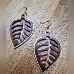 HAND CRAFTED Brown Wooden Leaf Earrings